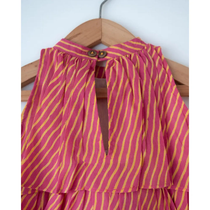 Love The World Today Meera Pink Striped Halter Choli and Yellow Floral Booti Lehenga Set For Girls