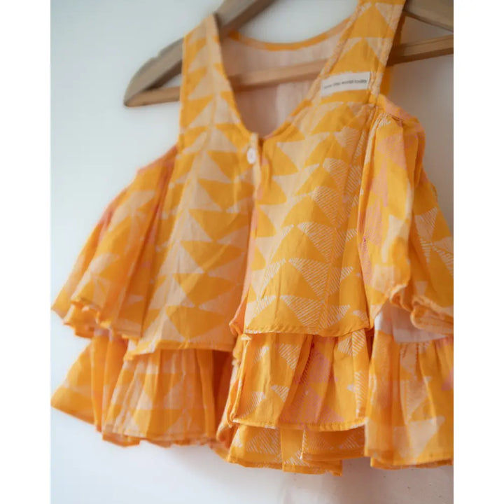 Love The World Today Chandan Mustard Yellow Ruffle Top &amp; Off-White Palazzo Set For Girls