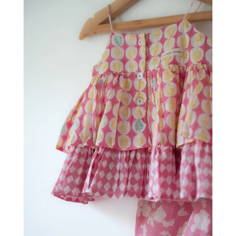 Love The World Today Leela Flared Top For Girls With Pink Floral Cowl Dhoti Pants Co-Ord Set