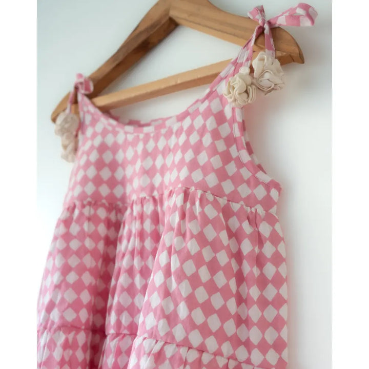 Love The World Today Leela Pink Rhombus Infant Tiered Frock For Girls