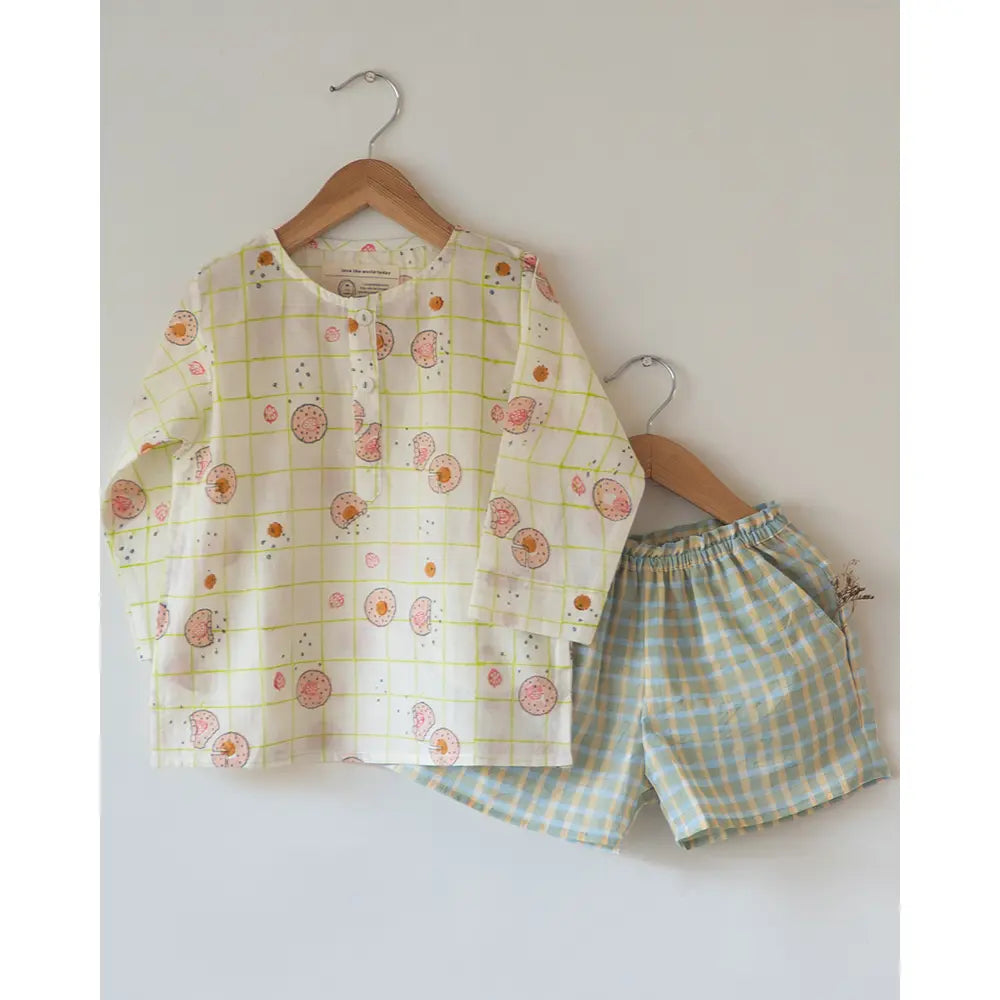 Love The World Today Sleepover Party Kurta and Shorts Co-ord Set - Cookie Print - Blue