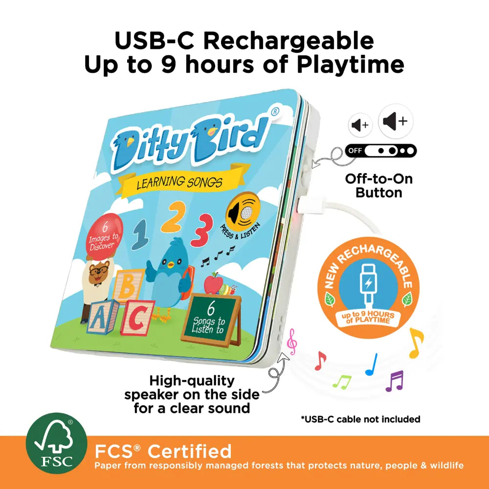 Ditty Bird Musical Book - Fun &amp; Interactive Nursery Rhyme Book for Toddlers, Baby Sound &amp; Music Book, 12M+, USB-C Rechargable - Learning Songs