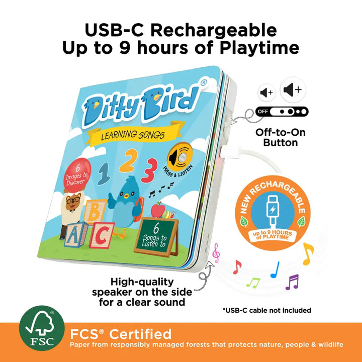 Ditty Bird Musical Book - Fun &amp; Interactive Nursery Rhyme Book for Toddlers, Baby Sound &amp; Music Book, 12M+, USB-C Rechargable - Learning Songs