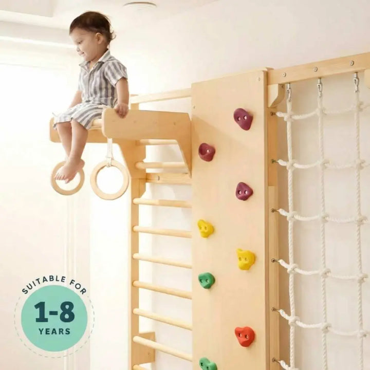 Curious Cub Wall Mounted Indoor Jungle Gym | Including 5 Activities - Monkey Bar, Rope Climbing, Rock Cimbing, Gymnastic Rings and Wooden Ladder | Active Play | Ages 2-9 Years