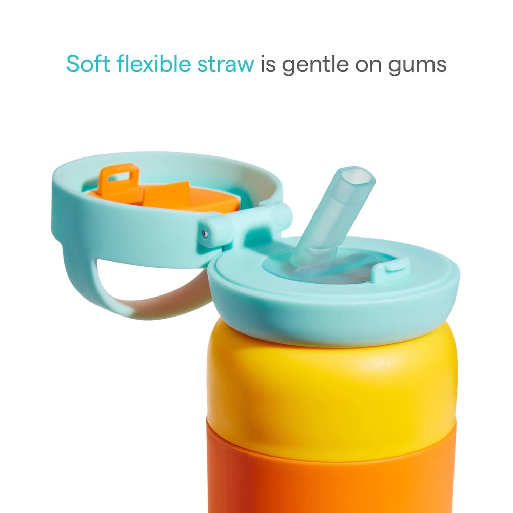 Munchkin Stay Cool Insulated Water Bottle, 355ml/ 12oz, Toddler Straw Bottle, With Flip Flop Lid &amp; Carrying Handle, Spill Proof valve, 24+ Months - Orange