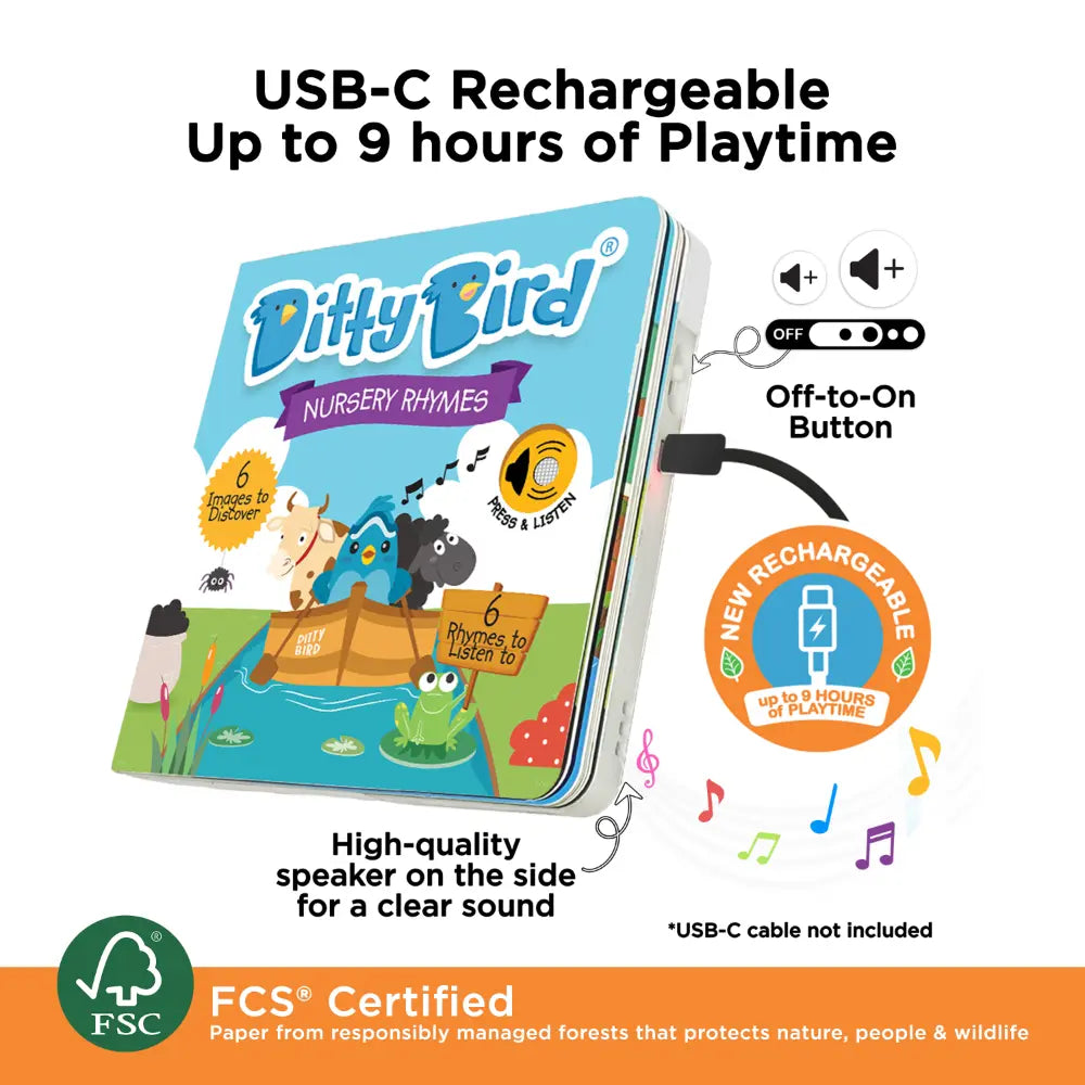 Ditty Bird Musical Book - Fun &amp; Interactive Nursery Rhyme Book for Toddlers, Baby Sound &amp; Music Book, 12M+, USB-C Rechargable - Nursery Rhymes
