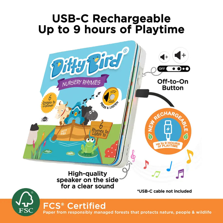 Ditty Bird Musical Book - Fun &amp; Interactive Nursery Rhyme Book for Toddlers, Baby Sound &amp; Music Book, 12M+, USB-C Rechargable - Nursery Rhymes