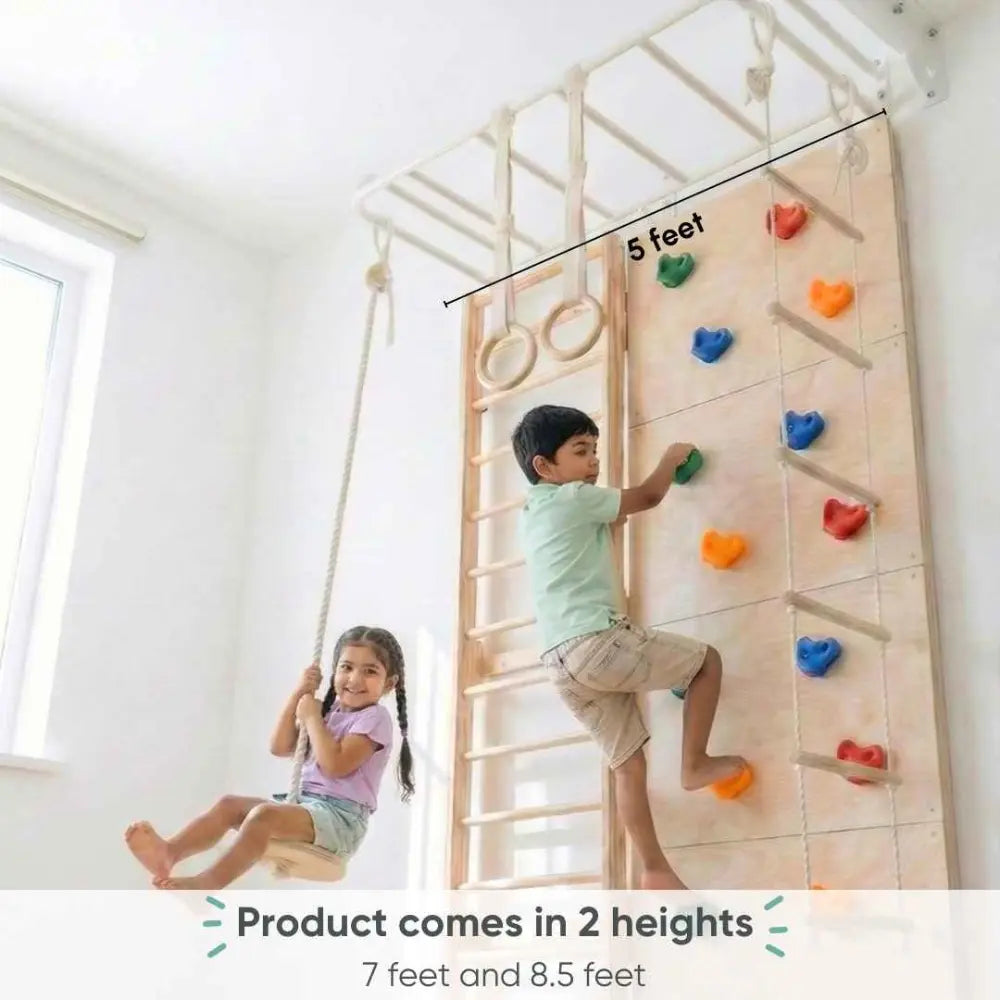 Curious Cub Space Saver Jungle Gym 3 | 6 Components - Wooden Ladder | Rock Climbing | Wobble Ladder | Monkey Bar | Gymnastics Ring | Disk Swing | Ages 4-15 Years