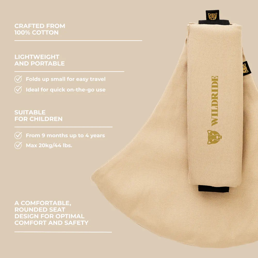 Wildride Toddler Carrier | Lightweight 100% Cotton Hip Seat Baby Carrier for Toddlers 9 Months–4 Years | Ergonomic, Portable &amp; Travel-Friendly Child Carrier | Comfortable Alternative to Stroller for Everyday Use - Beige