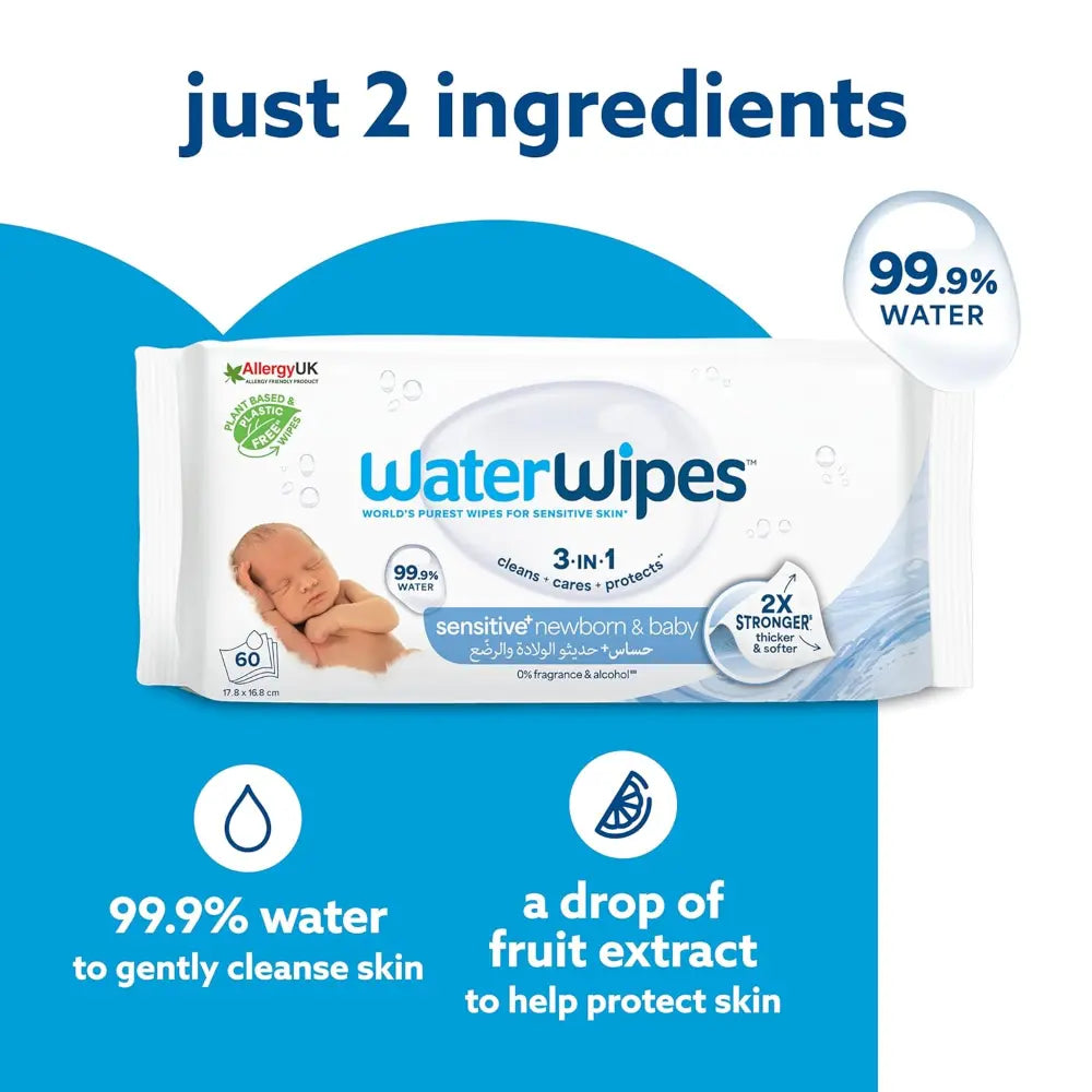 WaterWipes Baby Wipes (Imported-Ireland) 1 pack (60 wipes), Plastic-Free Original World&