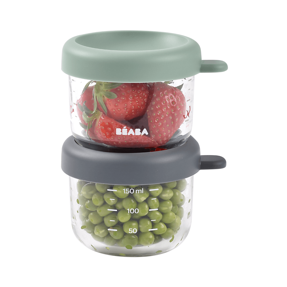 Beaba Glass Storage Jar, 150ml, Set of 2, Sage Green &amp; Mineral
