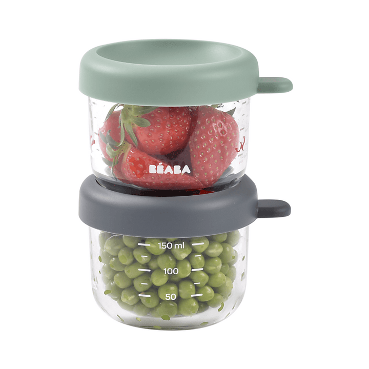 Beaba Glass Storage Jar, 150ml, Set of 2, Sage Green &amp; Mineral
