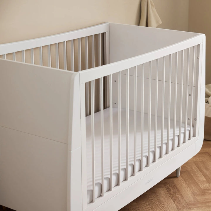 SnuzKot Convertible Cot &amp; Bed from Birth to 4 Years - Adjustable 3 Height Settings, Includes Mattress, Safe and Durable Wooden Crib with Breathable Airflow Design - White