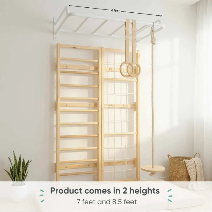 Curious Cub Space Saver Jungle Gym 4 | 5 Components - Wooden Ladder, Rope Ladder, Monkey Bar, Gymnastics Rings, Disk Swing | Ages 4-15 Years