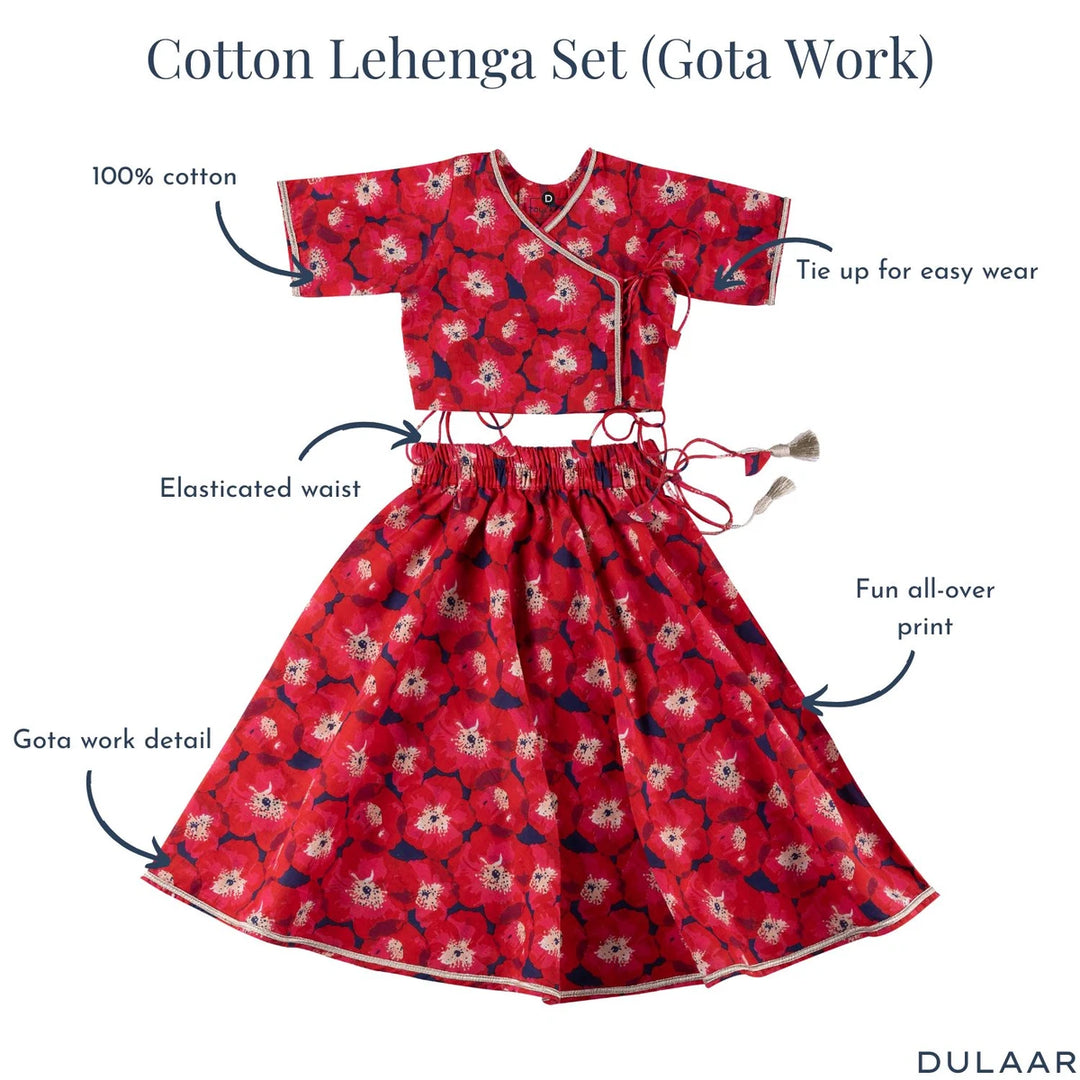 Dulaar Cotton Lehenga Set for Girls (Gota Work)-Painted Poppies