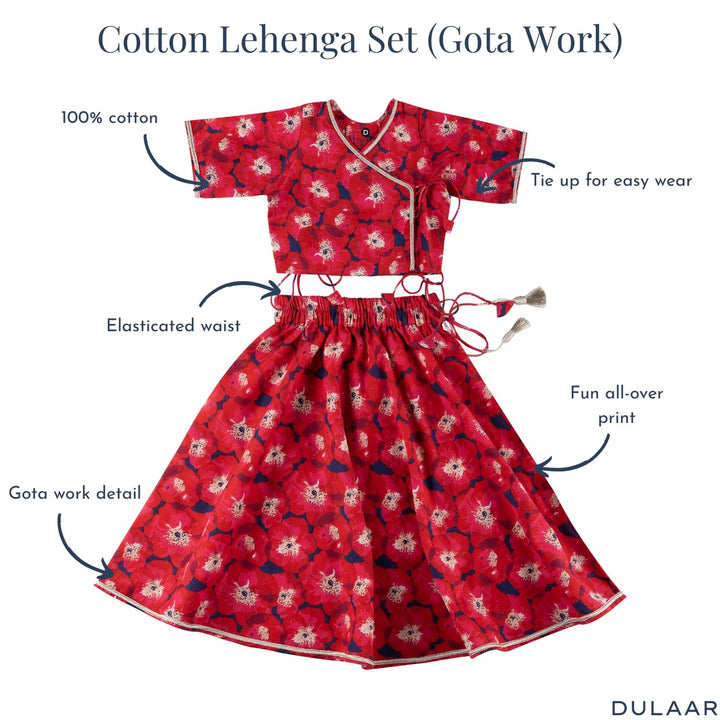 Dulaar Cotton Lehenga Set for Girls (Gota Work)-Painted Poppies