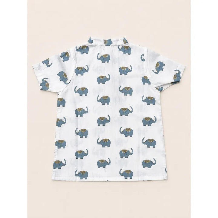 Sweetlime By AS Baby Boys Elephant Printed Cotton Mandarin Kurta with Olive Cotton Pants Co-ord Set - White &amp; Olive Green