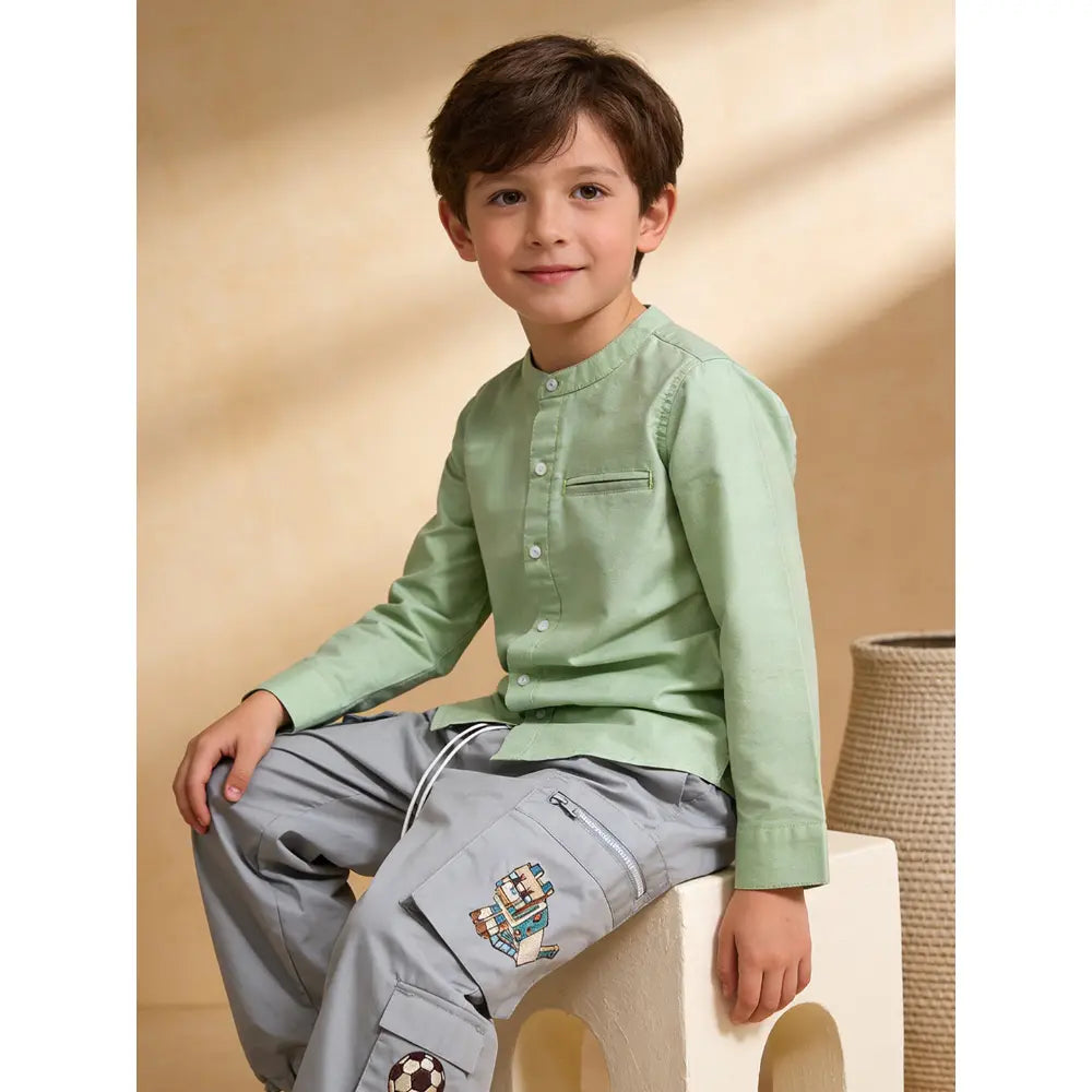 The Baby Trunk Unisex Green Band Collar Shirt | 0 to 24 Months