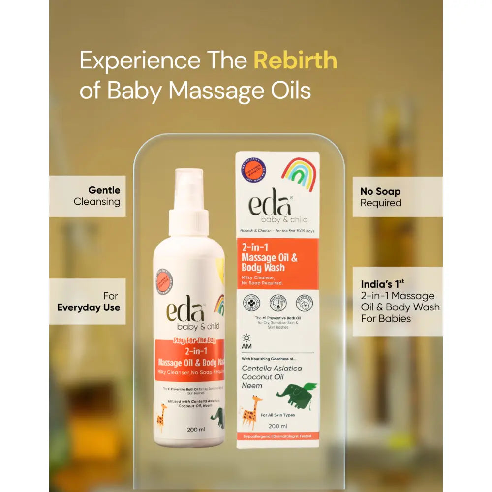 Eda Baby &amp; Child Play for the Day Cleansing Bath Oil | 2 in 1 Massage Oil &amp; Body Wash | Gentle Formula | Moisturizing Bath Oil for Sensitive Skin