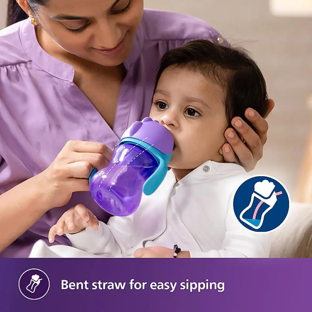 Philips Avent Sipper Bottle for Kids- | Leak proof design | Easy grip with Silicone Handle| BPA Free | Microwave safe | Ideal for 9m+ |200ml | Pack of 1 | Assorted colours (Blue/Purple)
