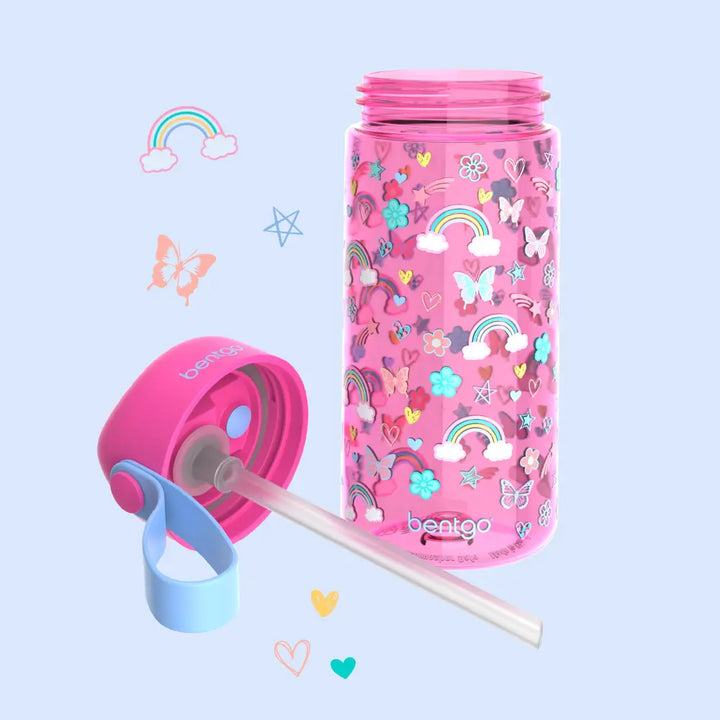 Bentgo Kids Water Bottle 450 ml, Leak-Proof Straw Bottle for Kids, Lightweighted &amp; Durable, BPA &amp; PFAS-Free Tritan Water Bottle, Ideal for School, Daycare &amp; Travel, 3 years+ - Rainbow and Butterflies