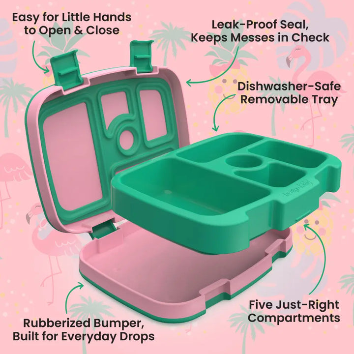 Bentgo Kids Prints with 5 Compartments, Leak-Proof Bento Lunch Box, BPA &amp; PFAS-Free, Microwave &amp; Dishwasher Safe Tray,  3–7 Years - Tropical