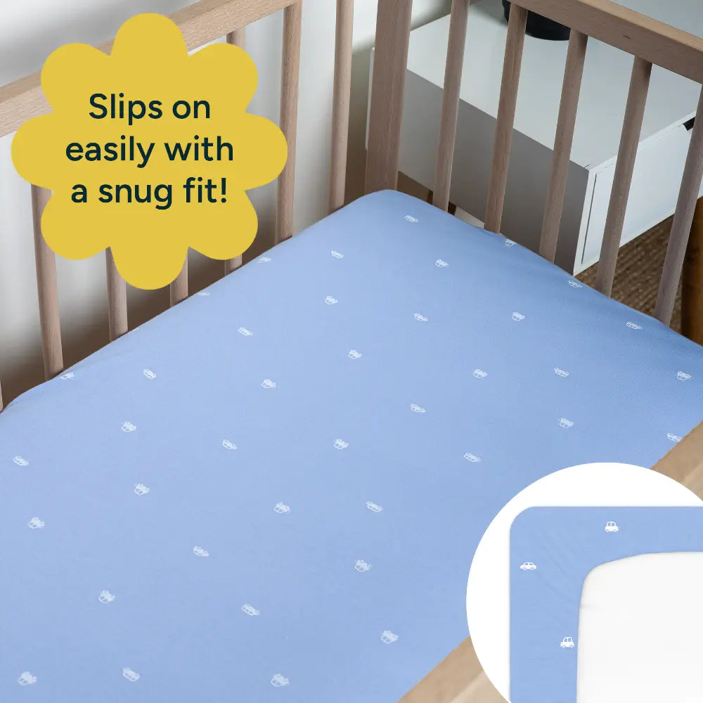 Nintara Baby Fitted Crib Sheet – 100% Organic Cotton Jersey, 52 x 28 Inch (130 x 70 cm) - Vroom, Vroom!