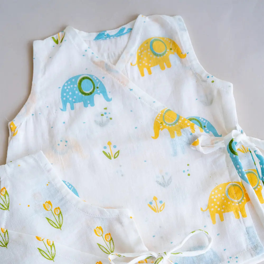 PureCloth.Co Yellow Floral Elephant Muslin Jablas - Off-White
