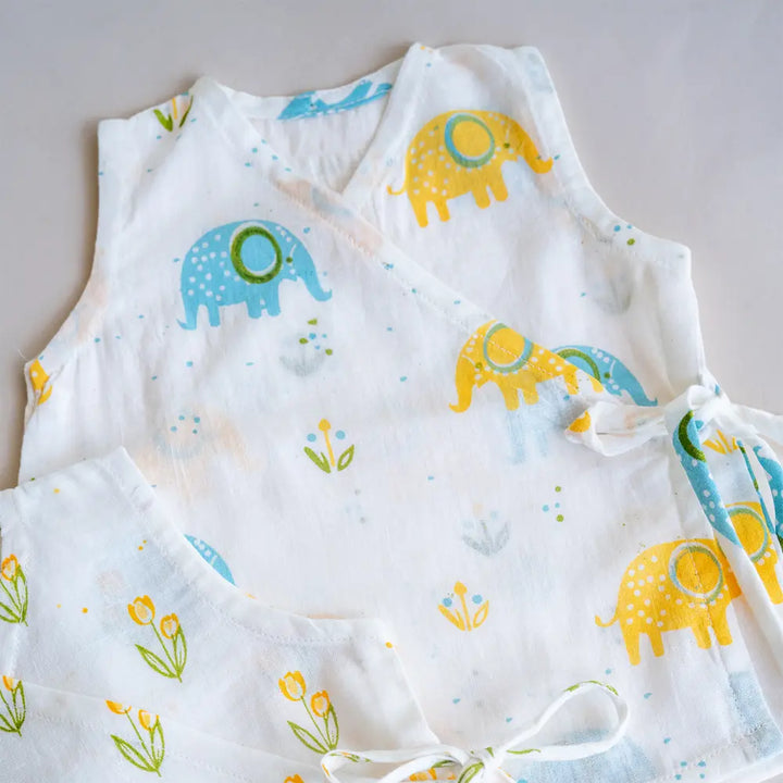 PureCloth.Co Yellow Floral Elephant Muslin Jablas - Off-White
