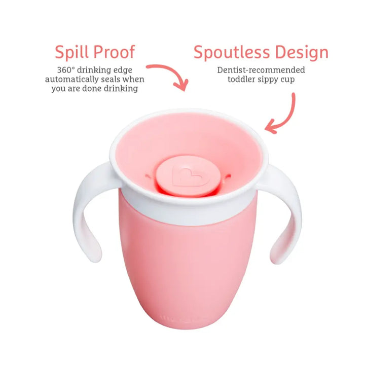 Munchkin 360° Spill-Proof Trainer Cup with Handles, Spoutless Sippy Cup for Babies, Easy Transition to Open Cup, BPA-Free, 7oz, 6+ Months - Pink