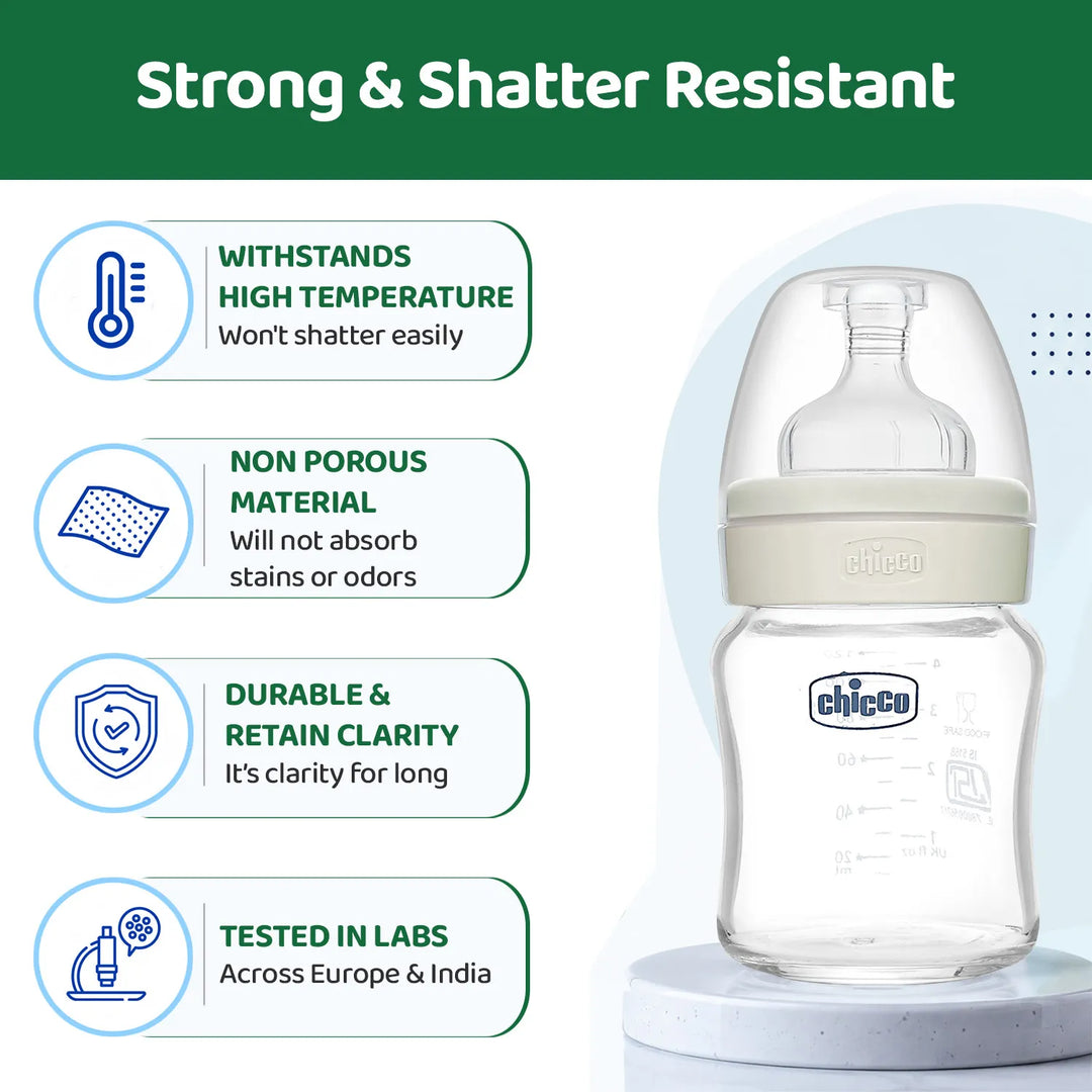 Chicco Well-Being Glass Feeding Bottle (120ml, Slow Flow) - Neutral