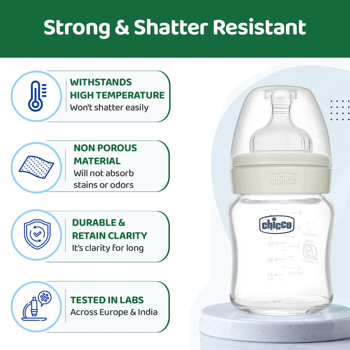 Chicco Well-Being Glass Feeding Bottle (120ml, Slow Flow) - Neutral