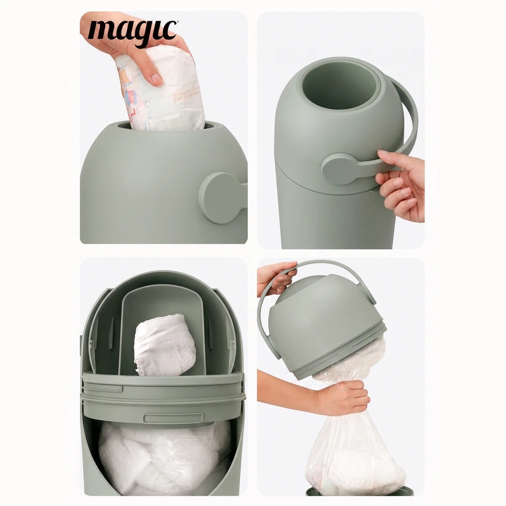 Magic THOTH M Diaper Pail, Odorless Nappy Bin, Compact &amp; Space-Saving Design, Compatible with Regular Plastic Bags, Converts for 2nd Life Use, Holds Up to 25 Newborn Diapers - Lichen