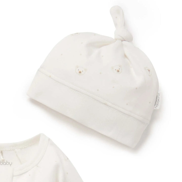Purebaby Unisex Organic Bear Cotton Zip Growsuit &amp; Hat Set - Vanilla