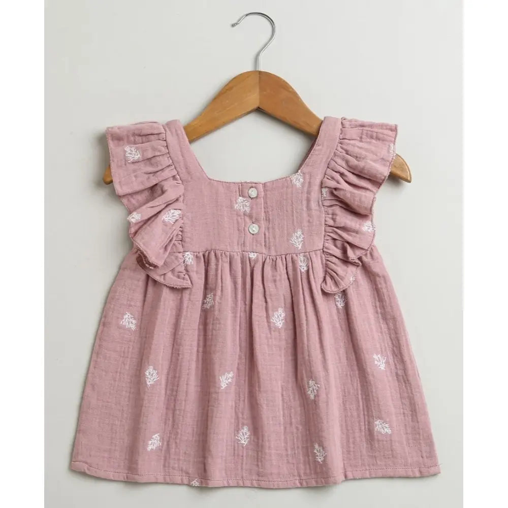 Sweetlime By AS Leaf Embroidered Ruffle Organic Cotton Co-ord Set - Dusty Pink