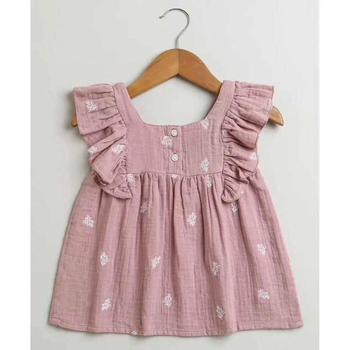 Sweetlime By AS Leaf Embroidered Ruffle Organic Cotton Co-ord Set - Dusty Pink