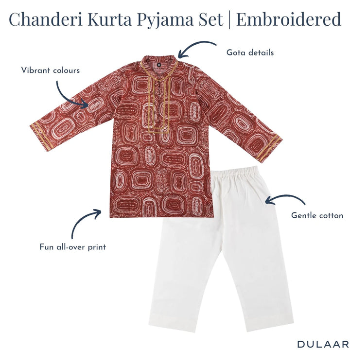 Dulaar Cotton Kurta Pyjama Set for Boys (Gota Work)-Red Dunes