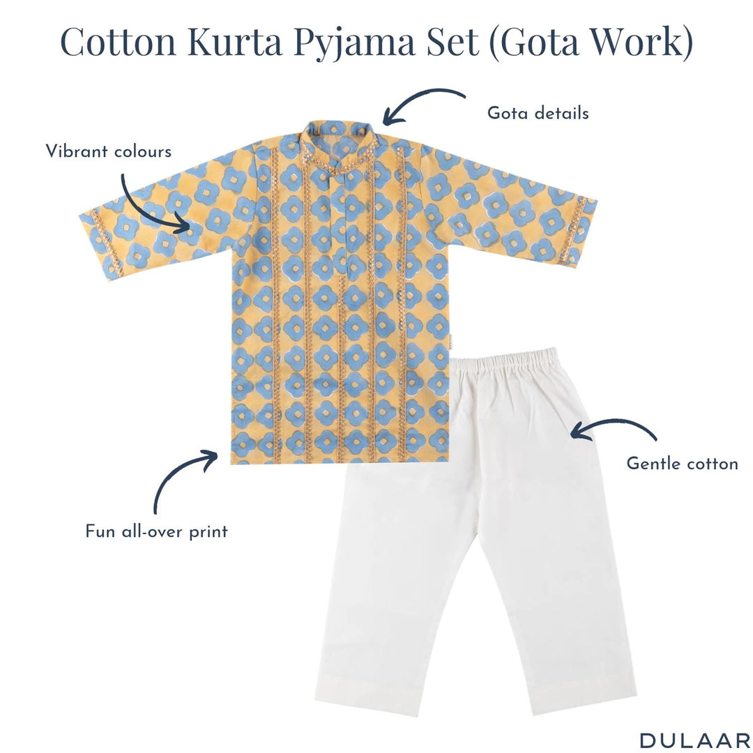 Dulaar Cotton Kurta Pyjama Set for Boys | Hand-Block Printed (Gota Work)-Lucky Clover (Sun and Sea)