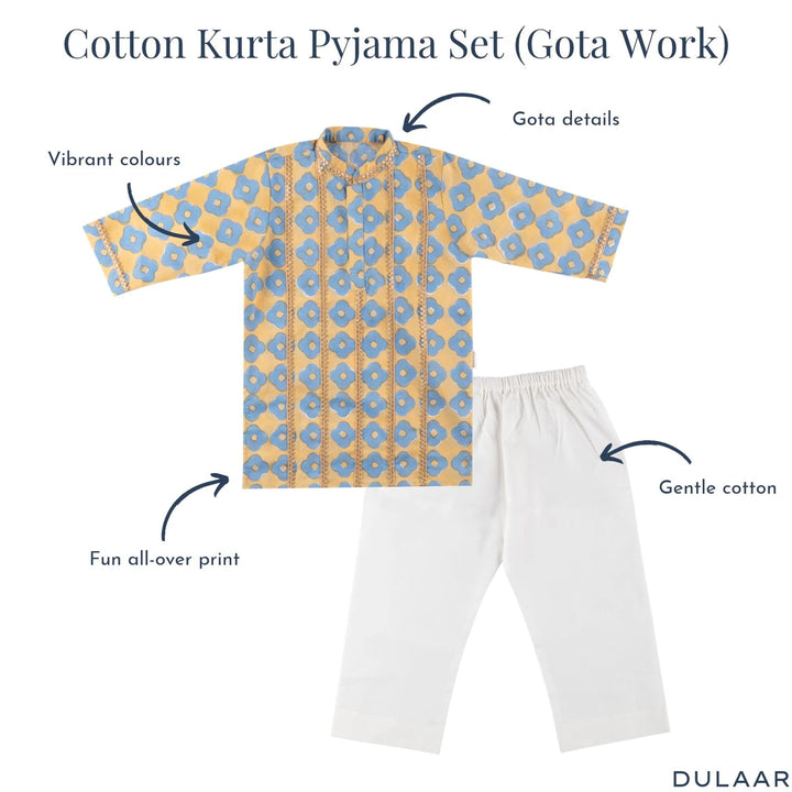 Dulaar Cotton Kurta Pyjama Set for Boys | Hand-Block Printed (Gota Work)-Lucky Clover (Sun and Sea)