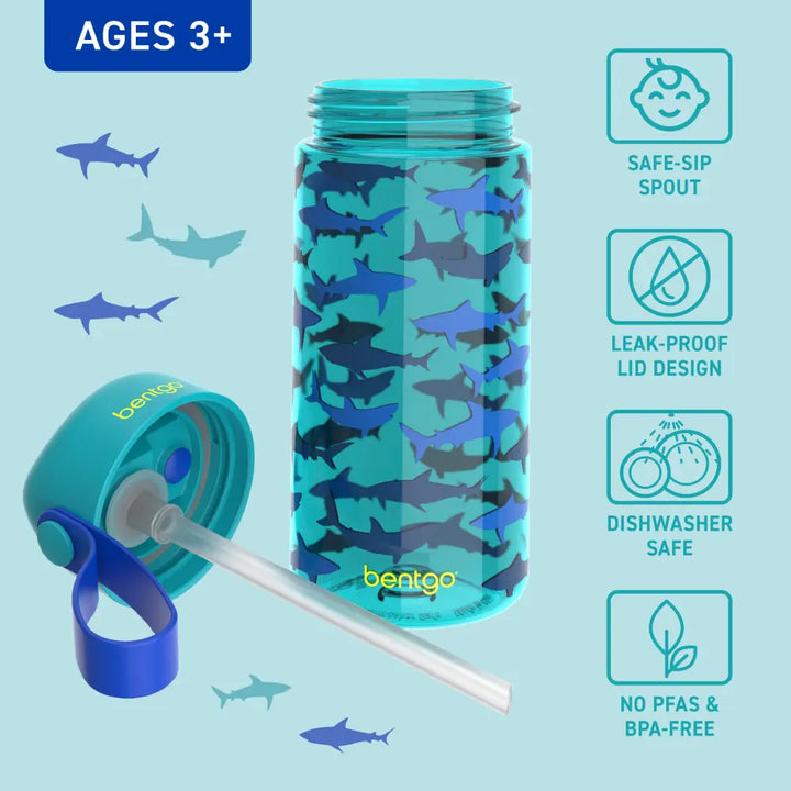 Bentgo Kids Water Bottle 450 ml, Leak-Proof Straw Bottle for Kids, Lightweighted &amp; Durable, BPA &amp; PFAS-Free Tritan Water Bottle, Ideal for School, Daycare &amp; Travel, 3 years+ - Sharks