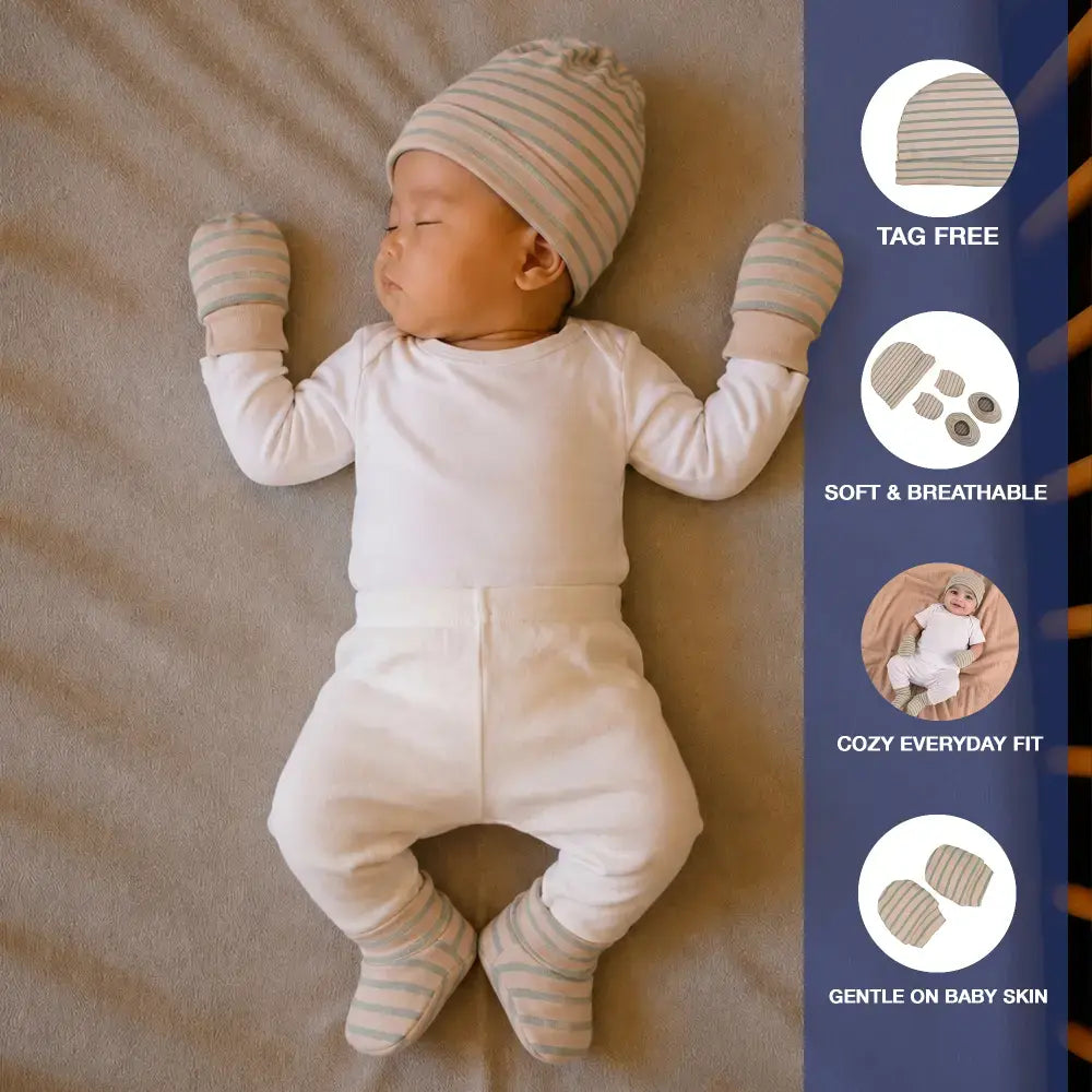Prekies Newborn Cotton Cap, Mittens &amp; Booties Set - Olive Green