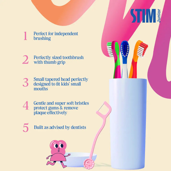 STIM Junior Kids Toothbrush | With Tongue Scraper | 3-10 Y - Multicolor