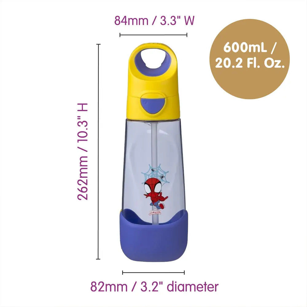 B.Box Marvel Spiderman Tritan Straw Water Bottle for Kids – 600ml, Durable &amp; Spill-Proof, BPA-Free, Easy Grip Design – Multicolour