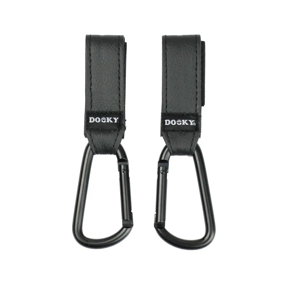 Dooky Buggy Hook Small (2pcs) Black – Heavy Duty Stroller Hooks for Pram &amp; Baby Stroller, 360° Rotating Adjustable Straps, Aluminium Carabiner Clip for Diaper/Nappy Bags, Shopping Bags &amp; Handbags