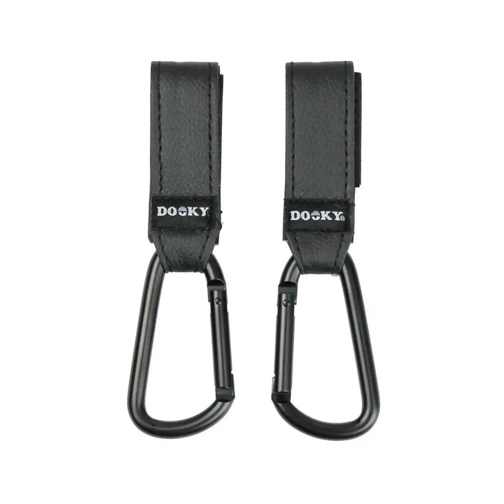 Dooky Buggy Hook Small (2pcs) Black – Heavy Duty Stroller Hooks for Pram &amp; Baby Stroller, 360° Rotating Adjustable Straps, Aluminium Carabiner Clip for Diaper/Nappy Bags, Shopping Bags &amp; Handbags
