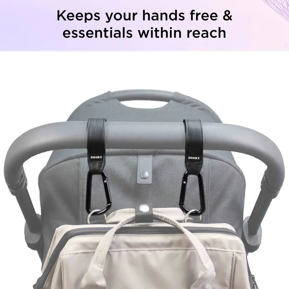 Dooky Buggy Hook Small (2pcs) Black – Heavy Duty Stroller Hooks for Pram &amp; Baby Stroller, 360° Rotating Adjustable Straps, Aluminium Carabiner Clip for Diaper/Nappy Bags, Shopping Bags &amp; Handbags