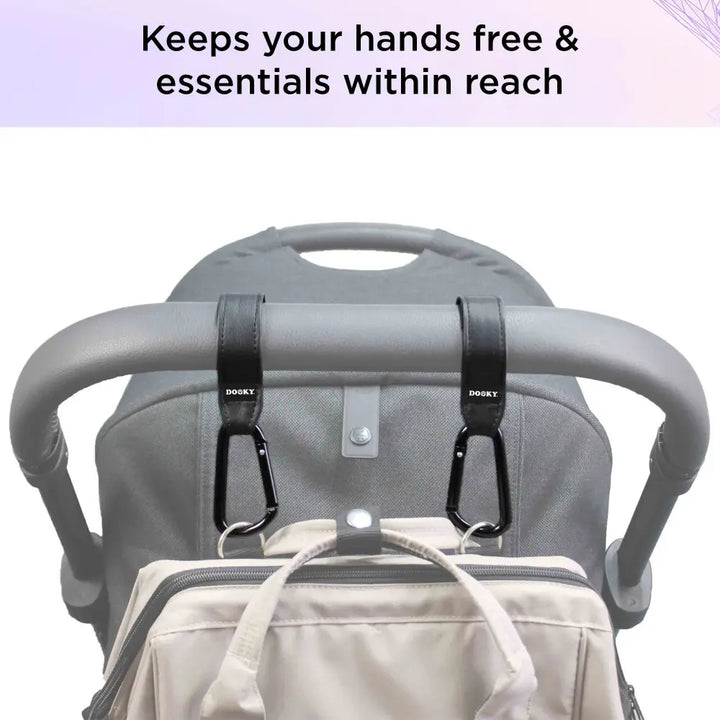Dooky Buggy Hook Small (2pcs) Black – Heavy Duty Stroller Hooks for Pram &amp; Baby Stroller, 360° Rotating Adjustable Straps, Aluminium Carabiner Clip for Diaper/Nappy Bags, Shopping Bags &amp; Handbags