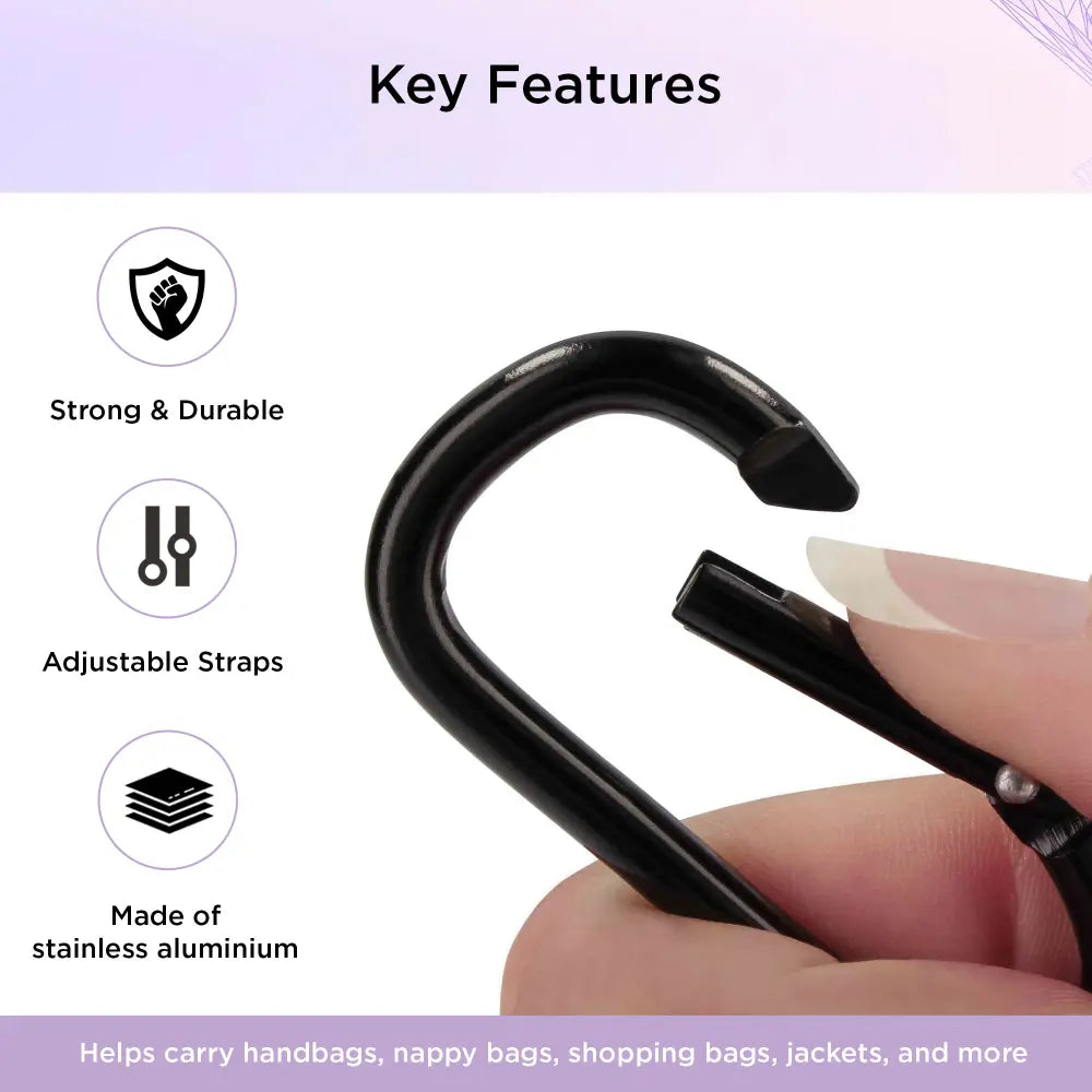Dooky Buggy Hook Small (2pcs) Black – Heavy Duty Stroller Hooks for Pram &amp; Baby Stroller, 360° Rotating Adjustable Straps, Aluminium Carabiner Clip for Diaper/Nappy Bags, Shopping Bags &amp; Handbags