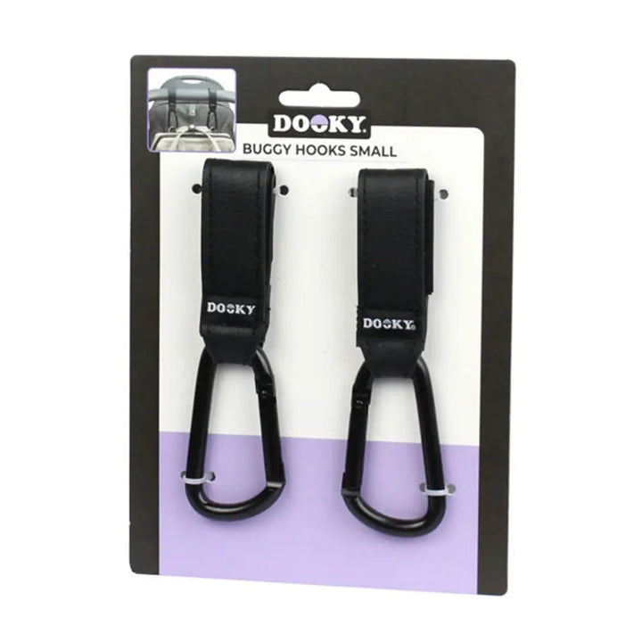 Dooky Buggy Hook Small (2pcs) Black – Heavy Duty Stroller Hooks for Pram &amp; Baby Stroller, 360° Rotating Adjustable Straps, Aluminium Carabiner Clip for Diaper/Nappy Bags, Shopping Bags &amp; Handbags