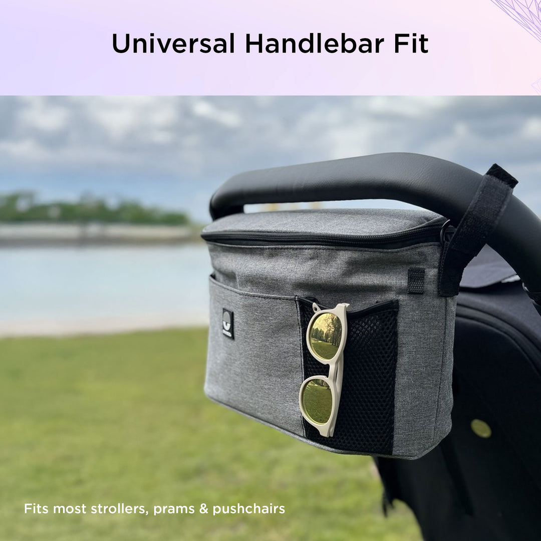Dooky Organizer Deluxe Grey Melange – Universal Stroller Organizer Bag with Cup Holders &amp; Zipper Pocket, Baby Pram Caddy Storage for Bottles, Diapers &amp; Essentials, Fits Strollers &amp; Pushchairs